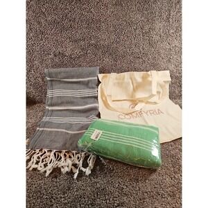 2 Pack Comfyria Turkish Beach Towels 1 Grey And 1 Green With Canvas Tote NEW